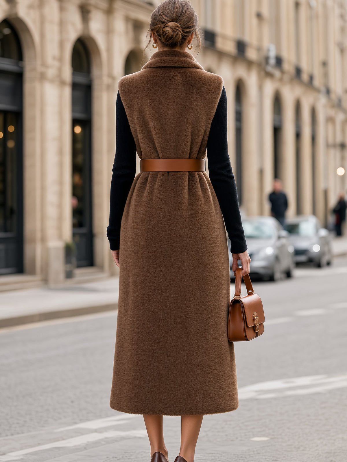 Belted Sleeveless Shawl-Collar Long Vest Coat