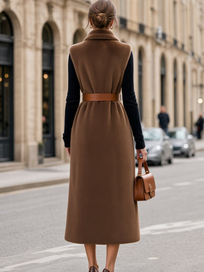Belted Sleeveless Shawl-Collar Long Vest Coat