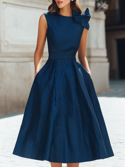 Pinstripe Midi A-Line Dress with Shoulder Bow