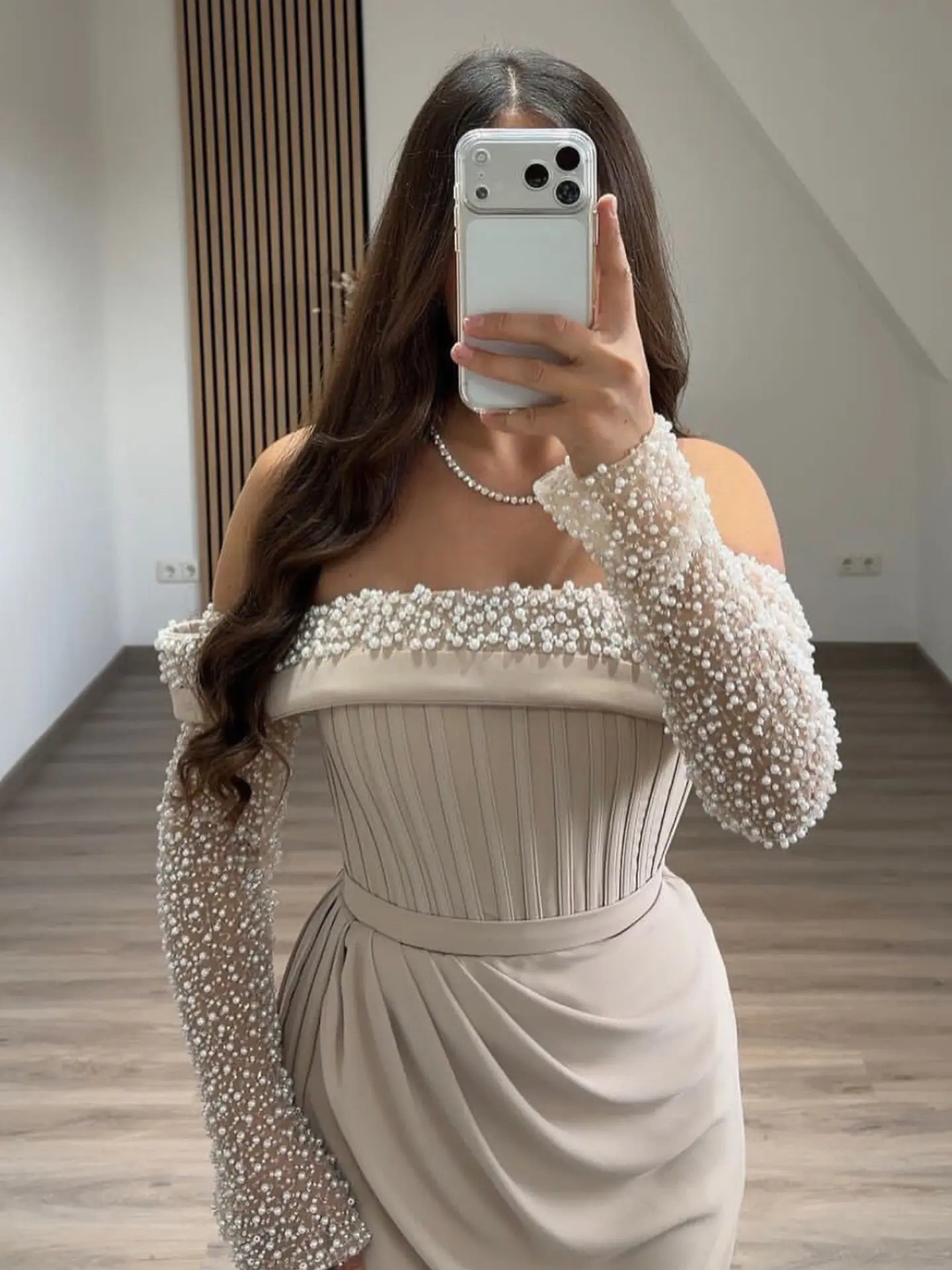 Off-the-Shoulder Pearl Sleeve Corset Evening Gown