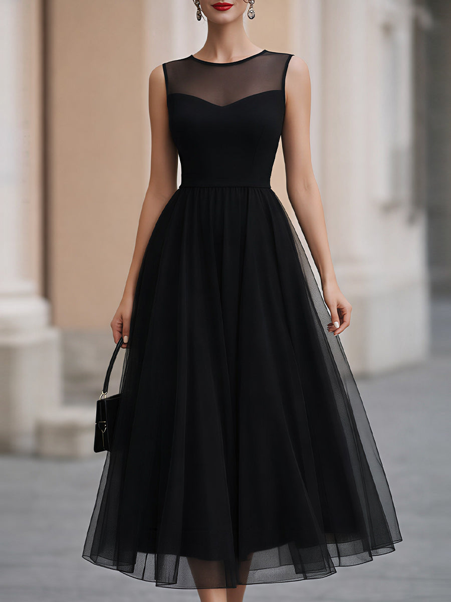 Sleeveless Illusion Neckline A-Line Tulle Midi Dress