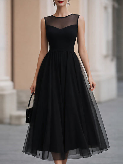 Sleeveless Illusion Neckline A-Line Tulle Midi Dress