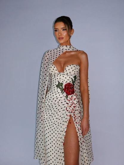 Polka Dot Gown with Floral Applique and Cape