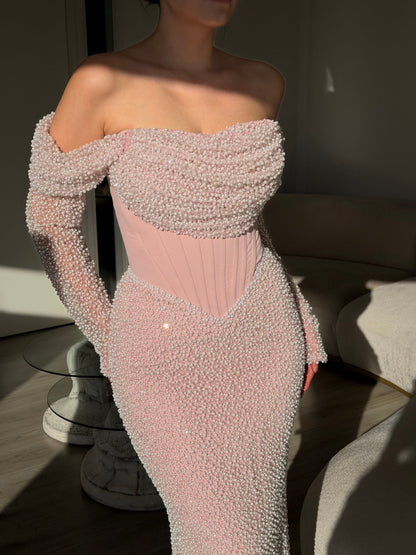 Beaded Corset Off-Shoulder Gown with Long Sleeves