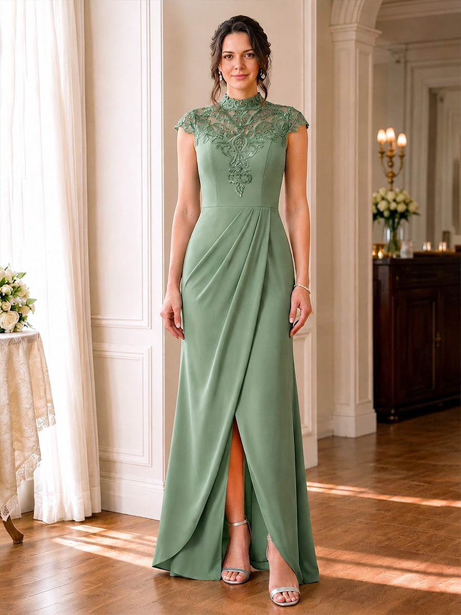 Illusion High Neck Lace Evening Gown with Slit