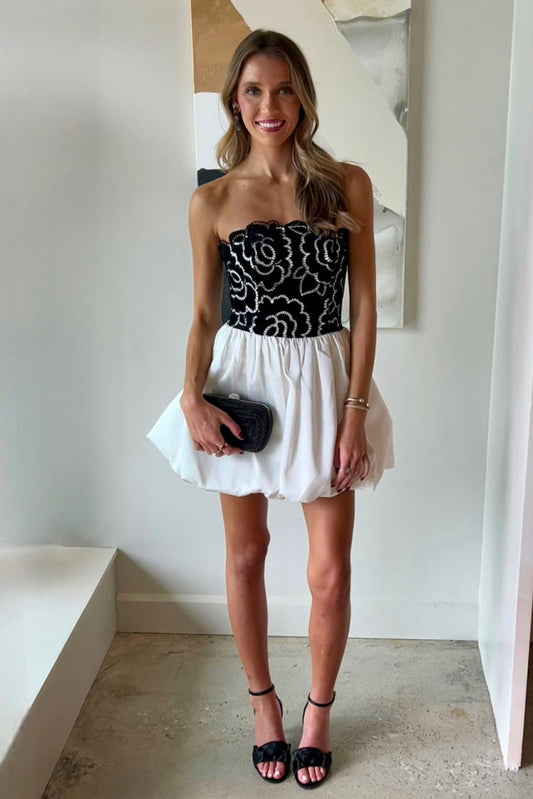 Strapless Floral Bodice Bubble Hem Mini Dress