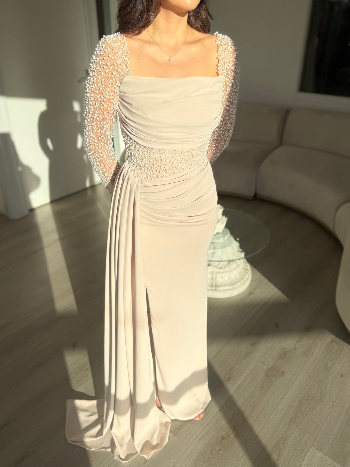 Square Neck Beaded Sleeve Gown with Side Drape