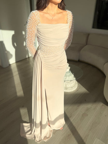 Square Neck Beaded Sleeve Gown with Side Drape