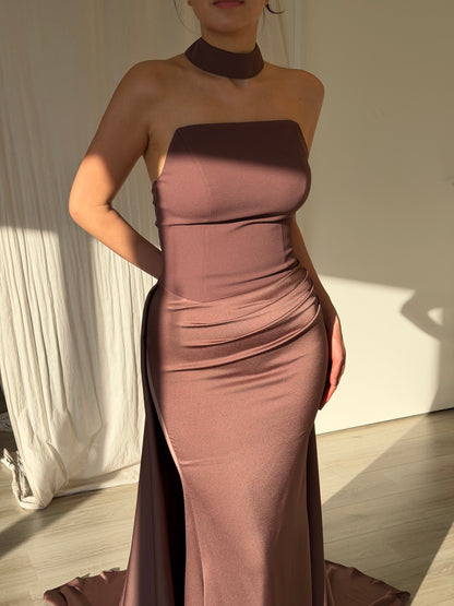Strapless Draped Evening Gown with Back Train