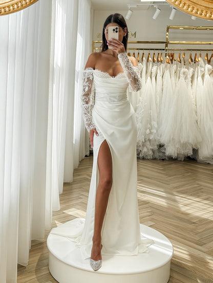 Off-the-Shoulder Lace Sleeve Wedding Dress with Slit