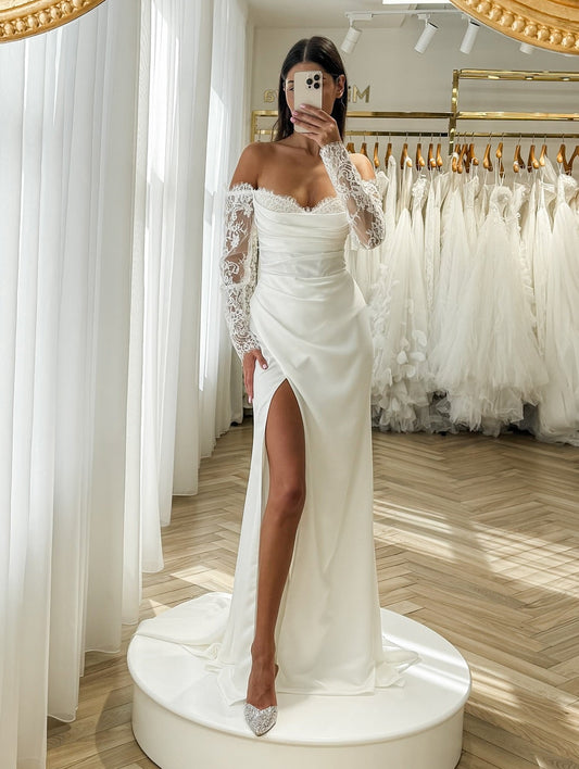Off-the-Shoulder Lace Sleeve Wedding Dress with Slit