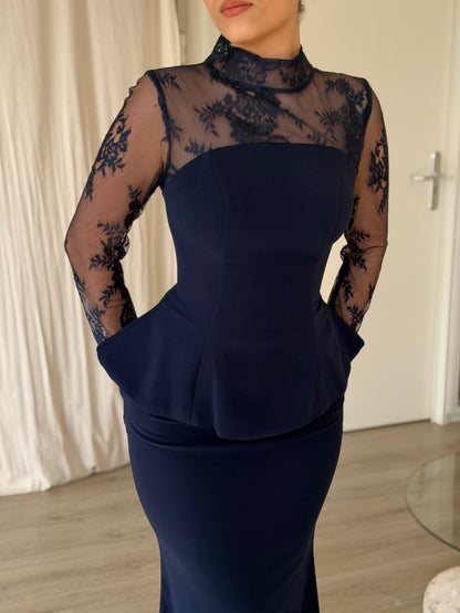 High-Neck Lace Long Sleeve Peplum Mermaid Gown
