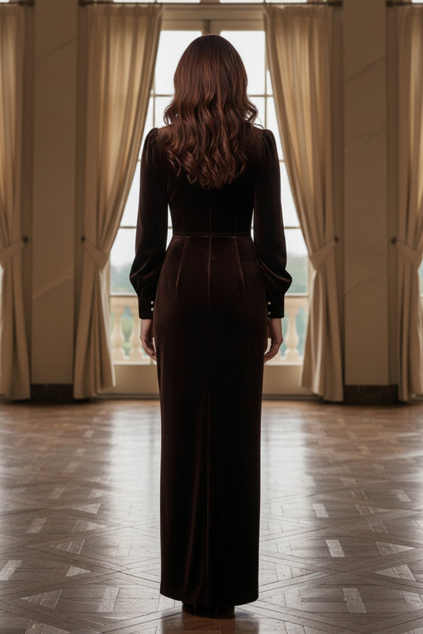 Collared Velvet Maxi Dress with Button Bodice