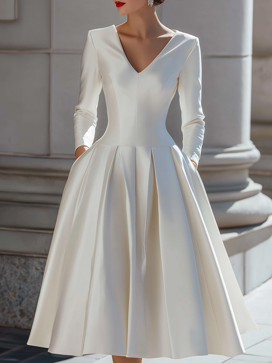 Long Sleeve V-Neck Pleated Midi Dress with Pockets