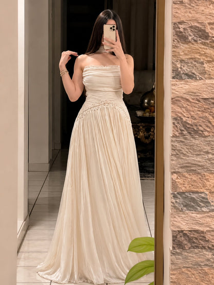Strapless Ruched Maxi Dress with Beaded Waist