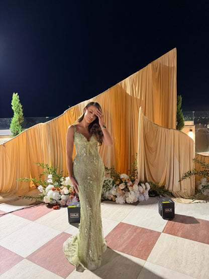 Embroidered Beaded V-Neck Mermaid Evening Dress