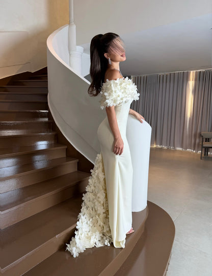 Off-the-Shoulder 3D Floral Crepe Evening Gown