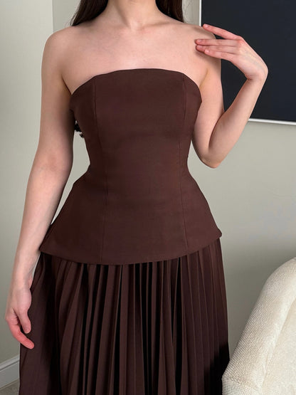 Corset Pleated Evening Gown with Tiered Appliques