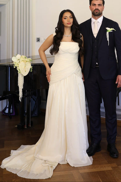 Ruched Drop-Waist Wedding Dress with Train