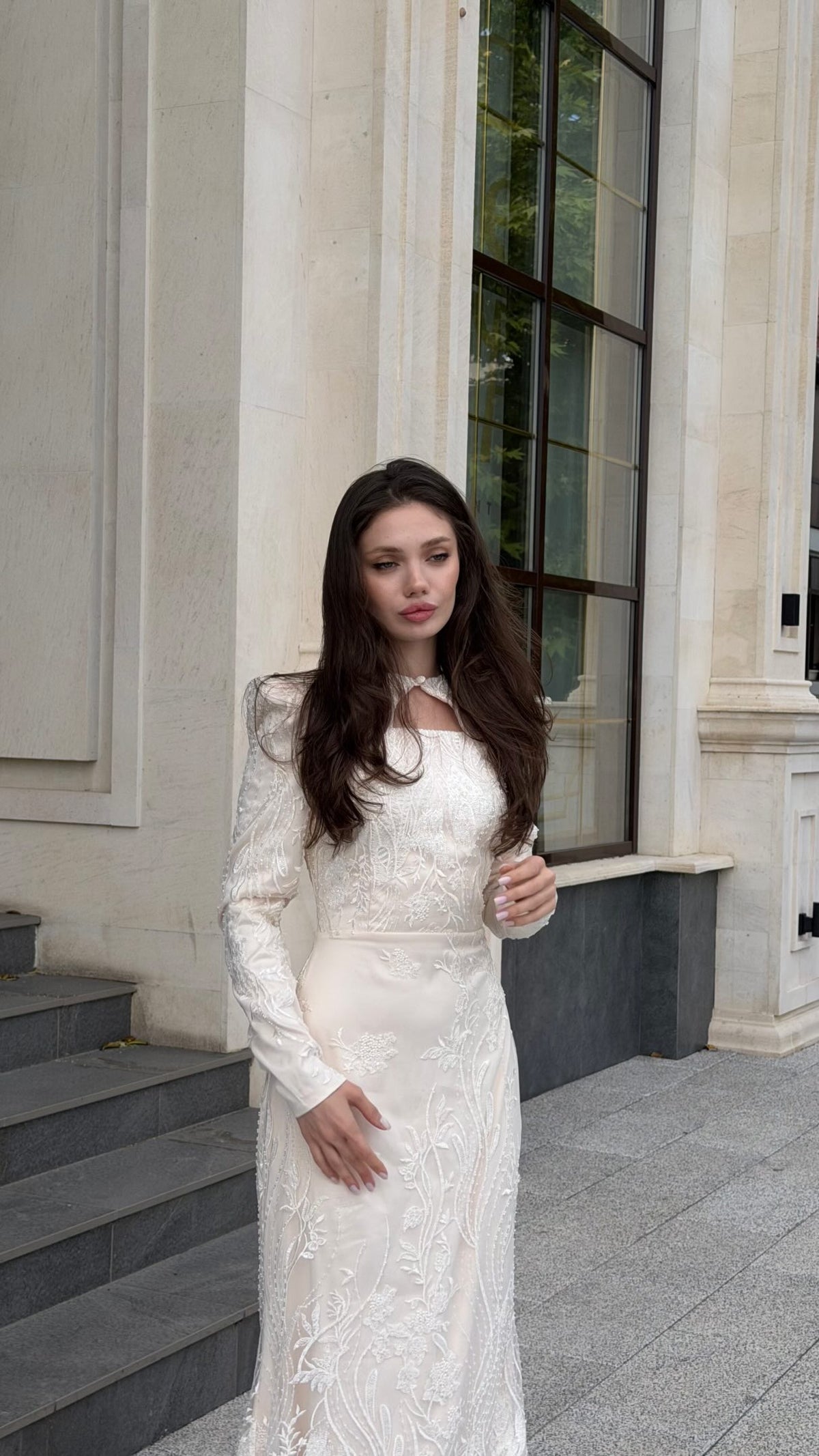 Embroidered Long Sleeve Gown with Keyhole Neck