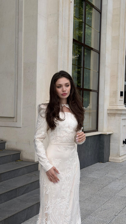 Embroidered Long Sleeve Gown with Keyhole Neck