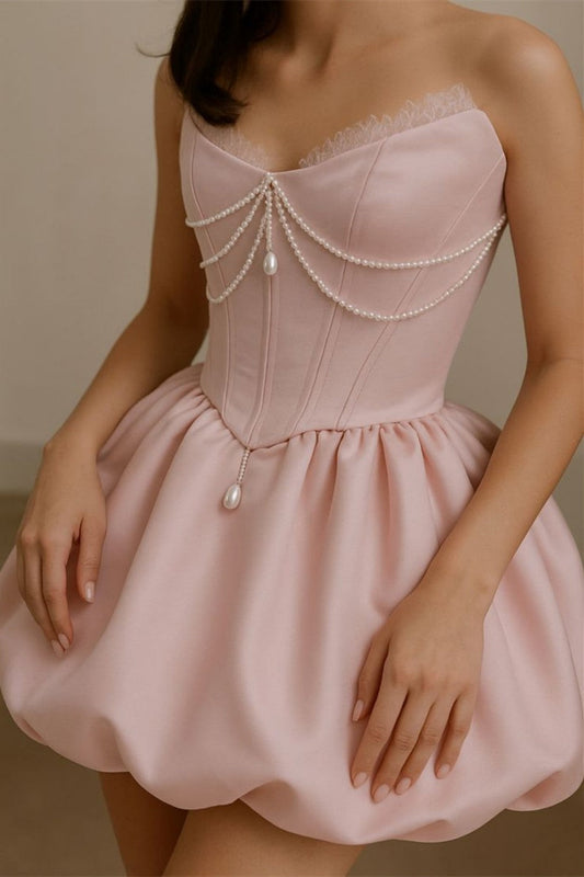 Strapless Corset Bubble Mini Dress with Pearl Trim