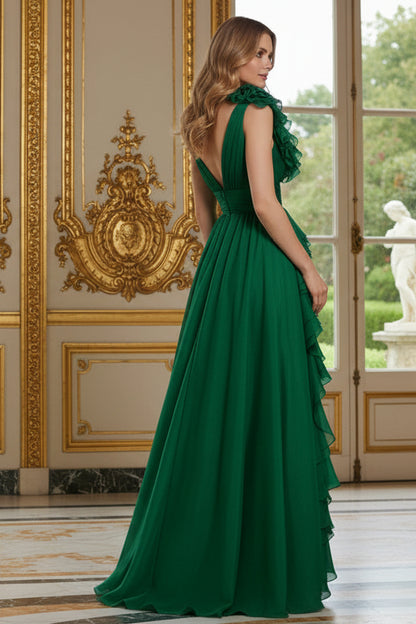 A-Line Pleated Chiffon Gown with Ruffle Accent