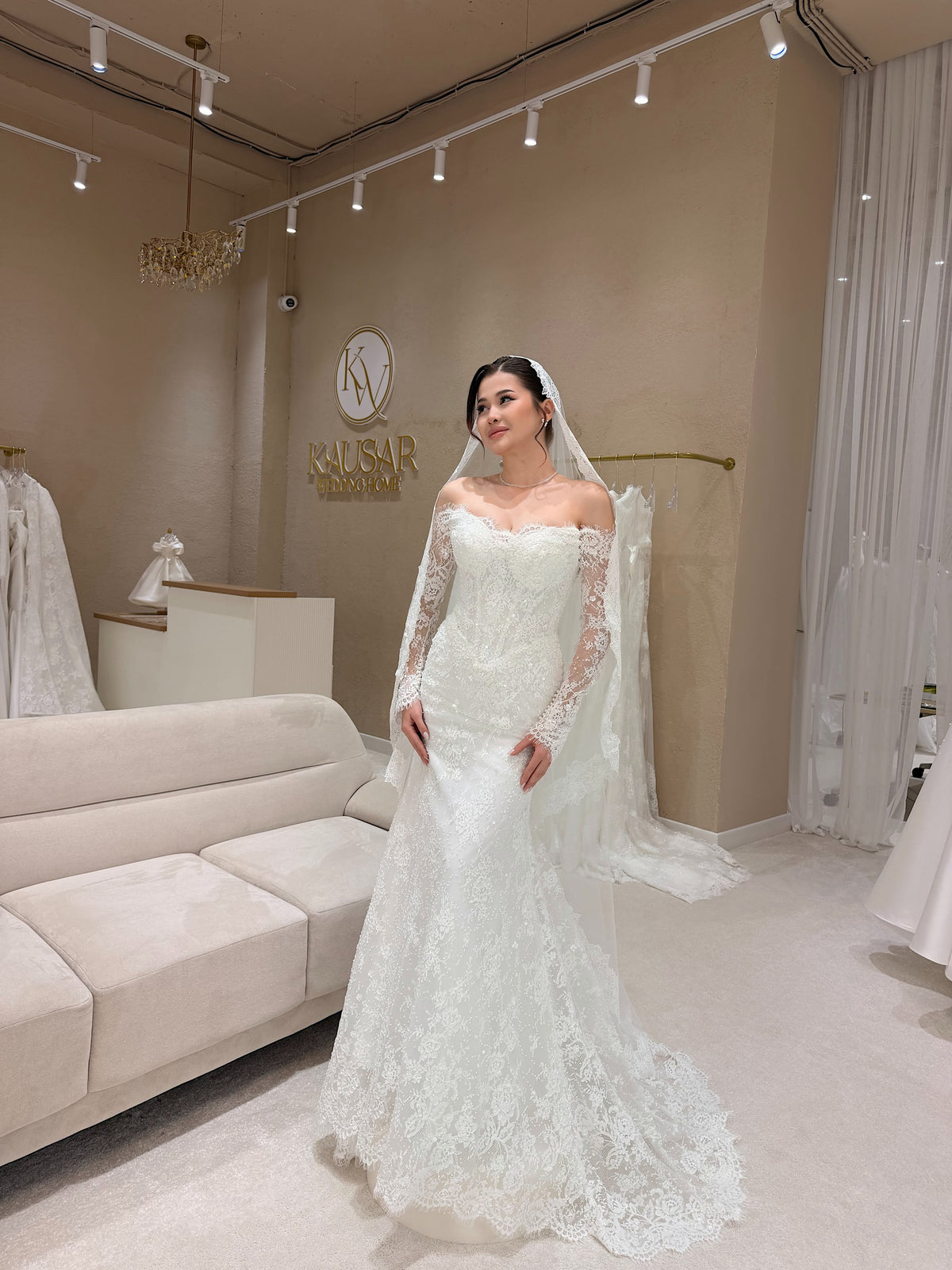 Off-the-Shoulder Lace Wedding Dress with Overskirt