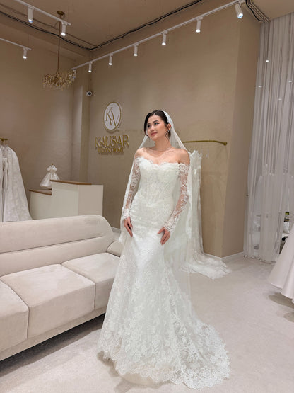 Off-the-Shoulder Lace Wedding Dress with Overskirt