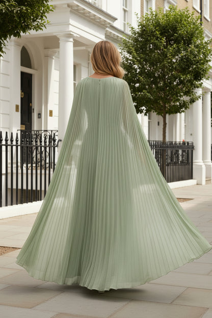 Pleated V-Neck Gown with Dramatic Cape