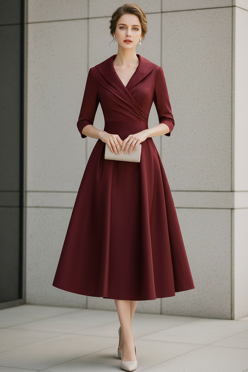 V-Neck Wrap Bodice A-Line Midi Dress with Pockets