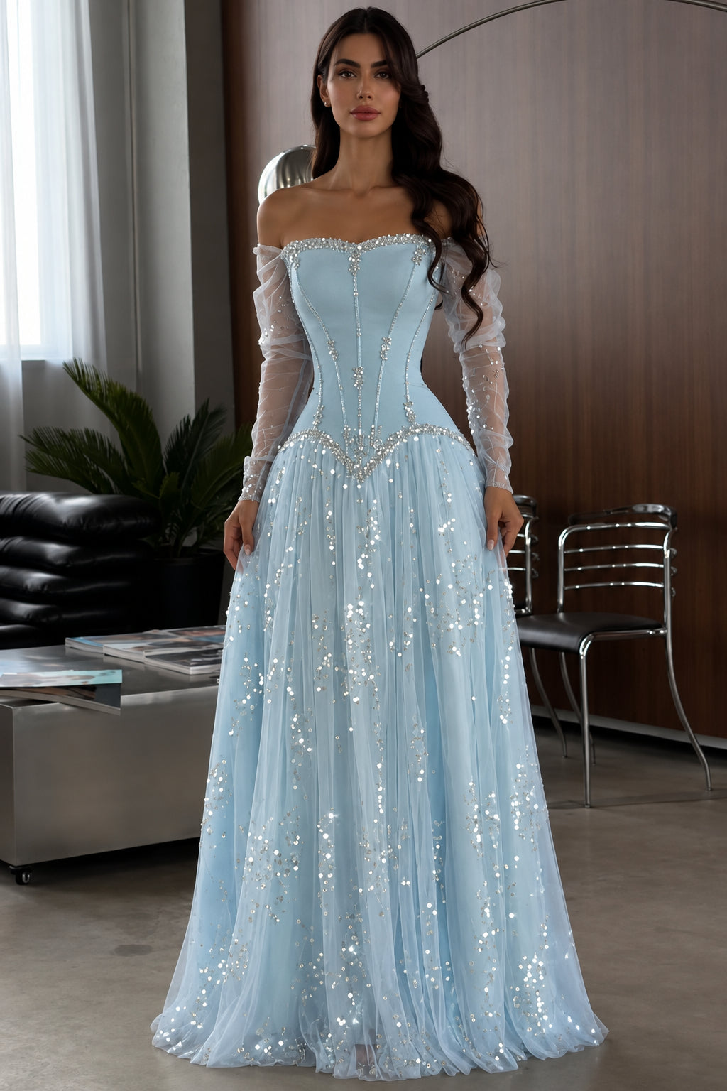 Corset Evening Gown with Sequins and Sheer Sleeves