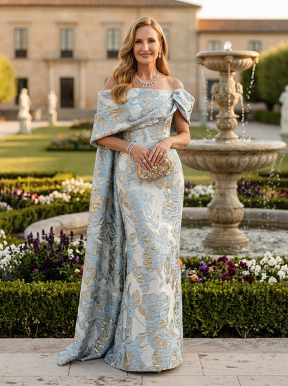 Off-the-Shoulder Jacquard Gown with Cape Train