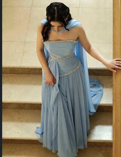 Strapless Ruched Evening Gown with Beaded Trim
