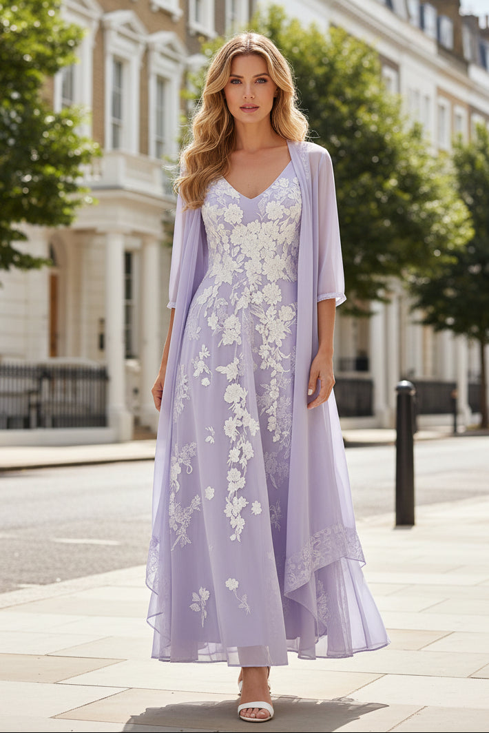 Embroidered A-Line Dress with Matching Sheer Duster