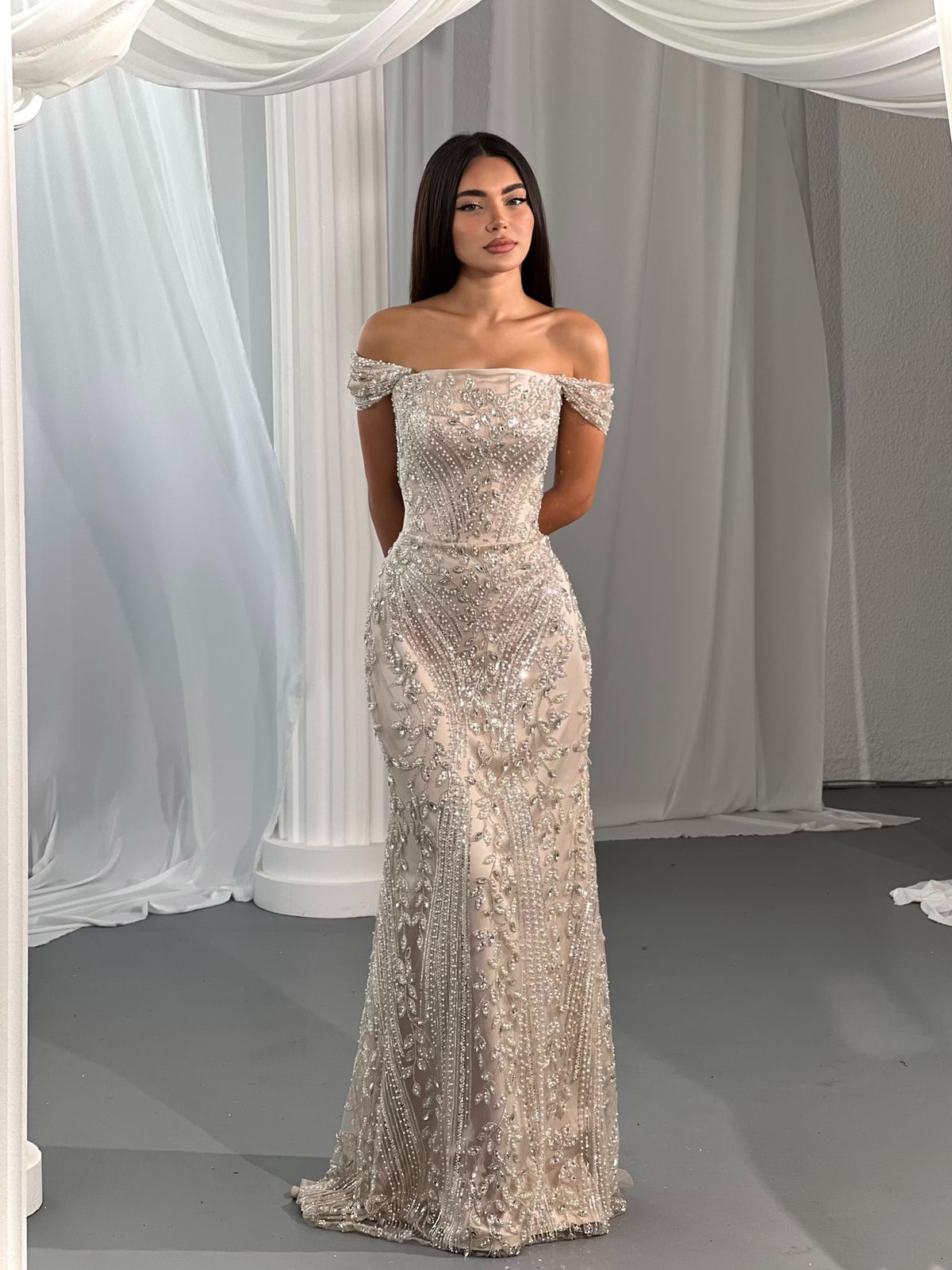 Off-the-Shoulder Beaded Column Evening Gown