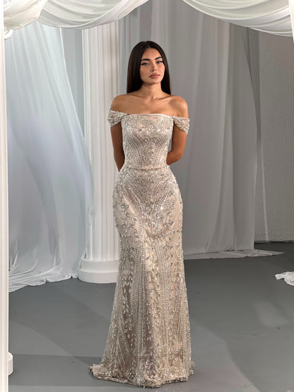 Off-the-Shoulder Beaded Column Evening Gown