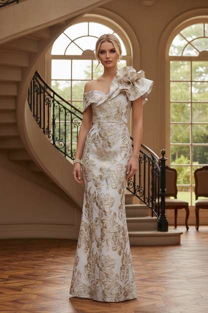Asymmetrical Ruffle One Shoulder Jacquard Evening Gown