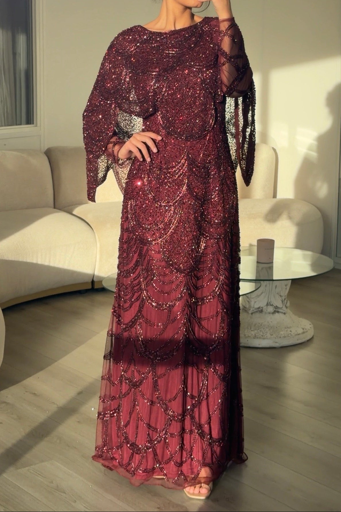 Beaded Scallop Capelet Evening Maxi Dress
