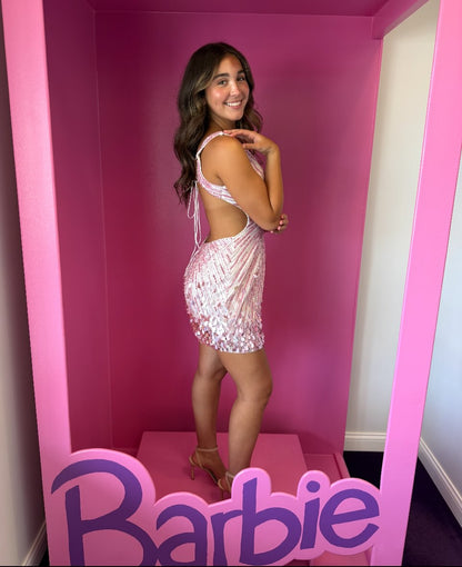 Deep V-Neck Sequined Mini Dress with Open Back