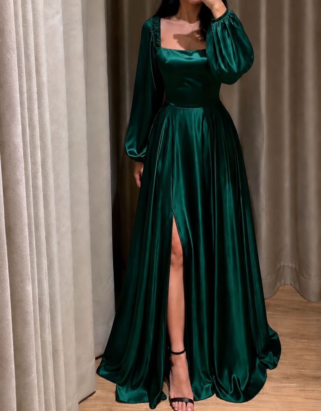 Square Neck Long Sleeve Satin Gown with Slit
