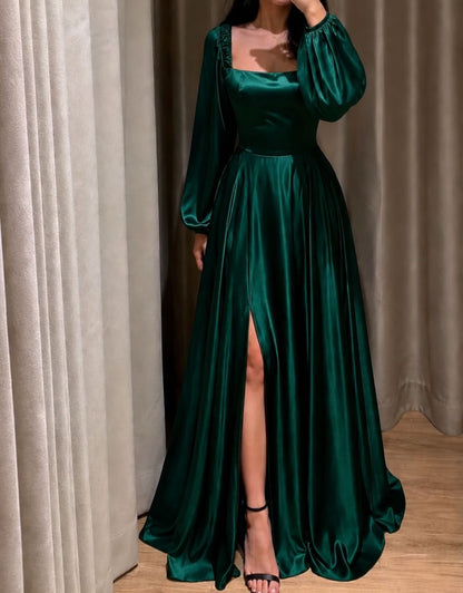 Square Neck Long Sleeve Satin Gown with Slit