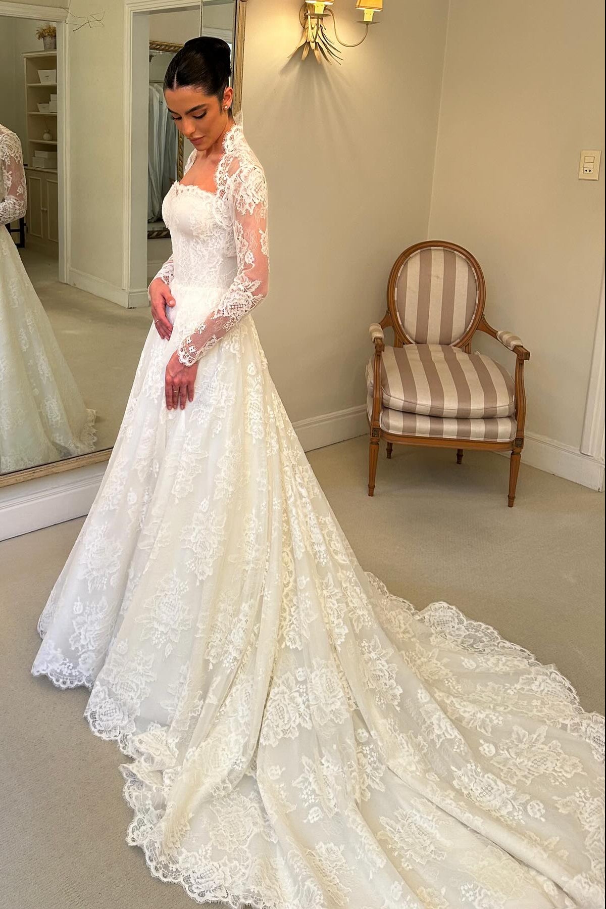 Lace Long Sleeve A-Line Wedding Dress with Train