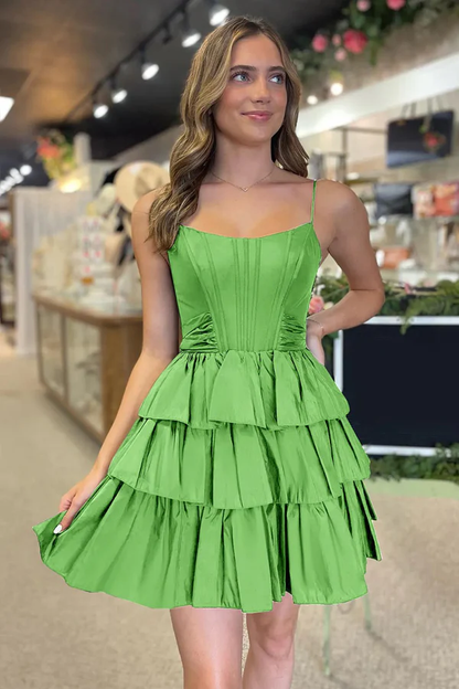 Spaghetti Strap Tiered Corset Mini Dress with Back Bow