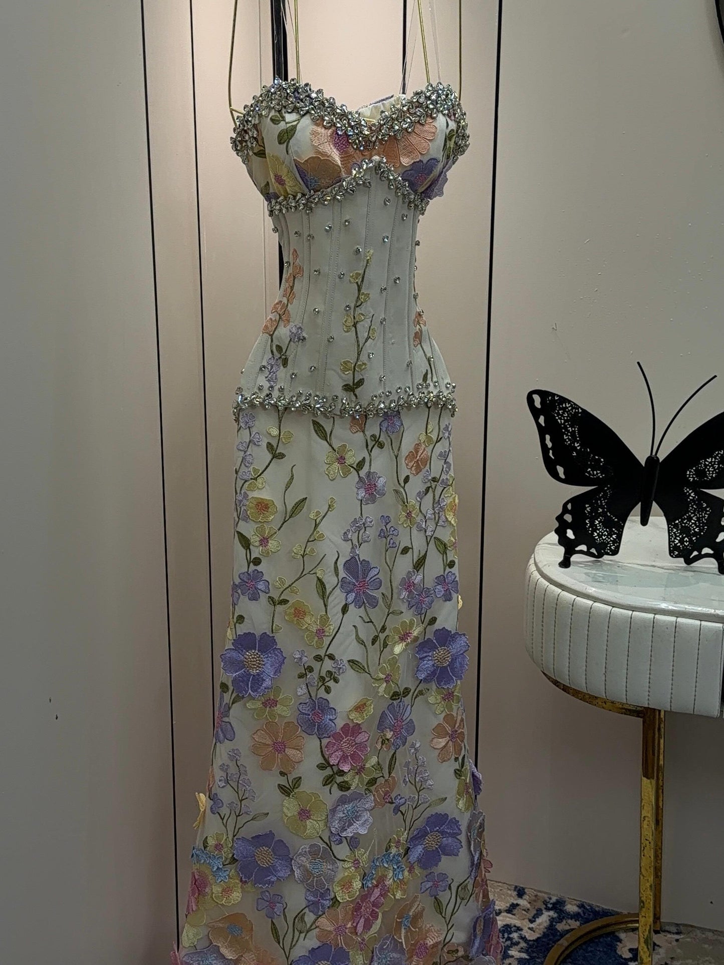 Floral Embroidered Corset Mermaid Gown with Pearls