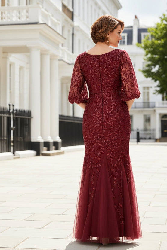Sequin Embroidered Mermaid Gown with 3/4 Puff Sleeves