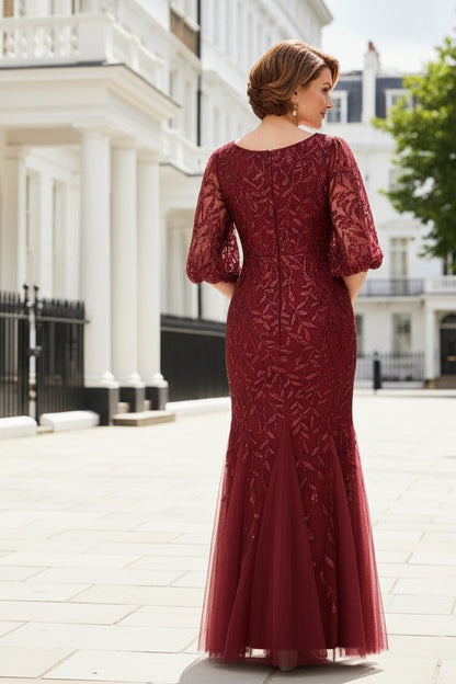 Sequin Embroidered Mermaid Gown with 3/4 Puff Sleeves