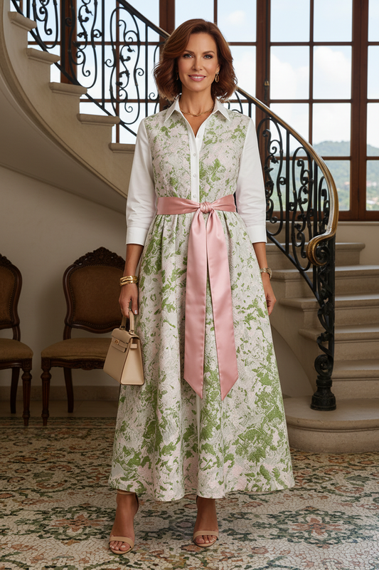 Elegant Collared Jacquard Maxi Shirt Dress
