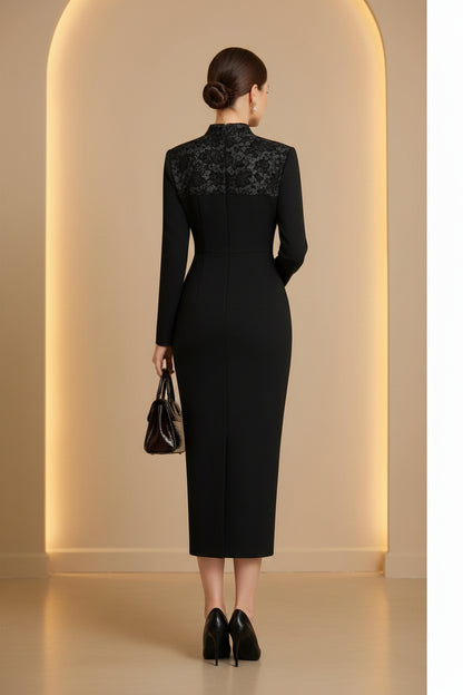 Lace-Yoke Long-Sleeve Column Dress