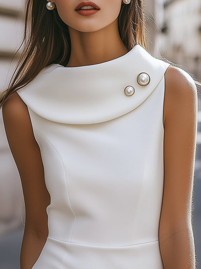 Sleeveless Cowl Neck Mini Dress with Pearl Accents